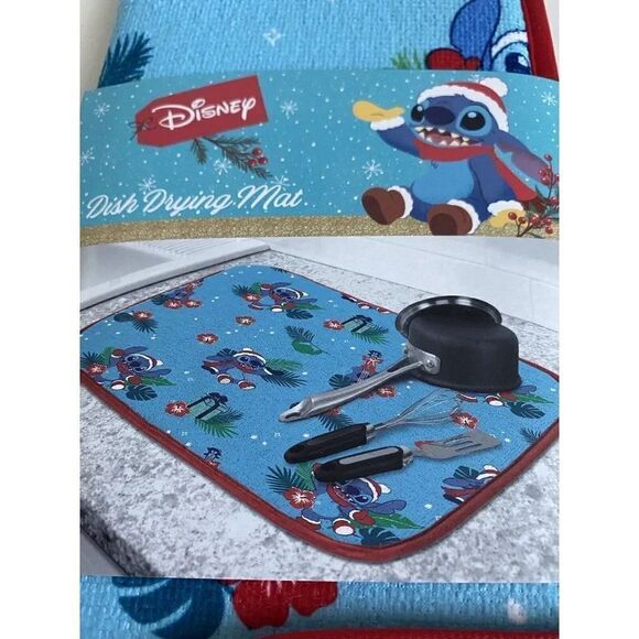 Disney Stitch Christmas Dish Drying Mat Santa Claus Hat Mistletoe Gifts NEW - Picture 2 of 8